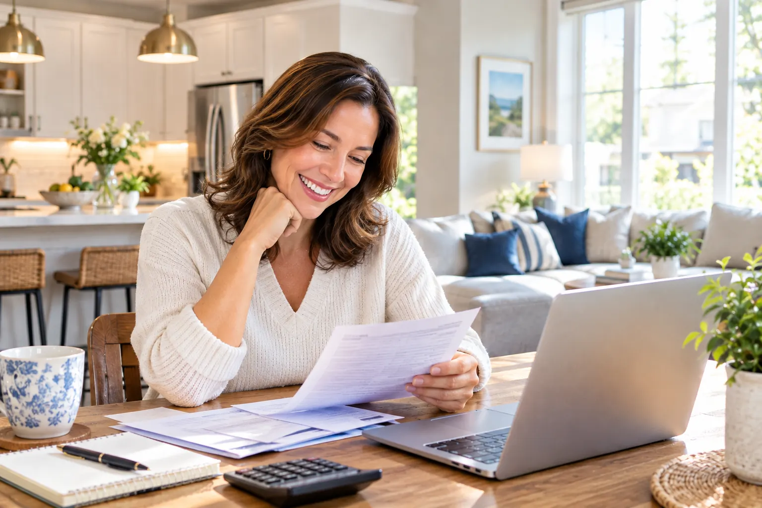 Smiling woman reviewing her Regional Finance loan options with a calculator and laptop at her kitchen table